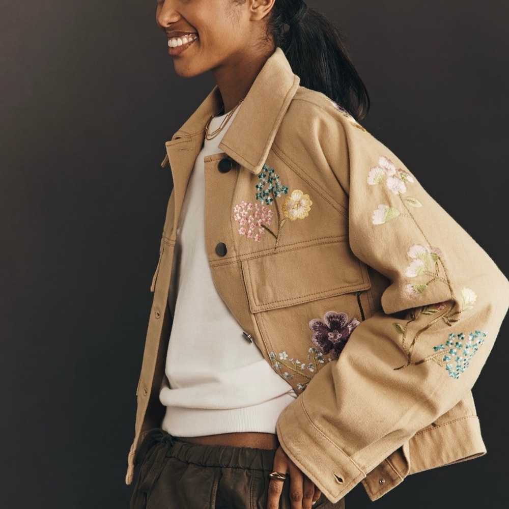 Anthropologie Beige Jean Jacket with Floral Details - Picture 2 of 12